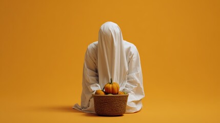 Ghostly figure with basket of pumpkins on orange backdrop