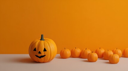 Group of carved pumpkins on orange background: halloween decoration concept