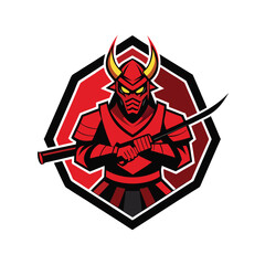 Samurai in red armor gripping katana with fury Vector illustration