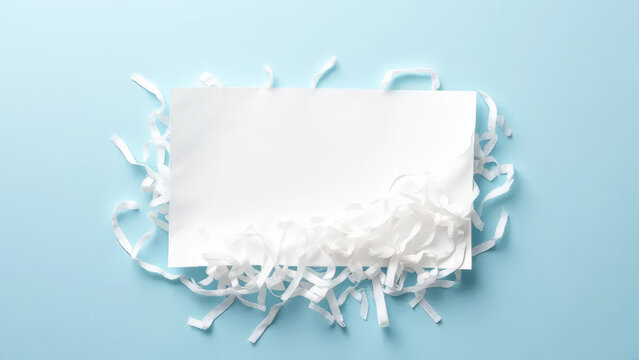 White blank sheet of paper emerging from shredded paper strips on a light blue background, ideal for copy space