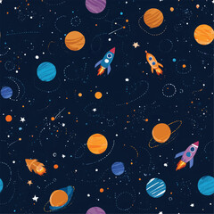 Colorful space pattern with planets, stars, and rockets in outer space