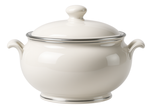 Heat-resistant ceramic soup tureen with a lid, suitable for serving hot soups at a family dinner.