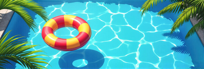 Vibrant inflatable tube floating in crystal-clear swimming pool with palm leaves, perfect for summer pool parties and water park promotions.