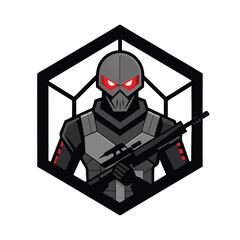 Sniper cyborg with red scope eye and urban camo pose Vector illustration