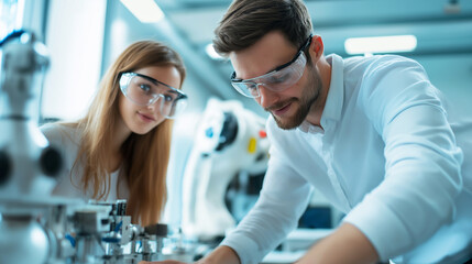 Engineering coach guiding student project near robotic machines, wearing protective eyewear and concentrating on collaborative technical work