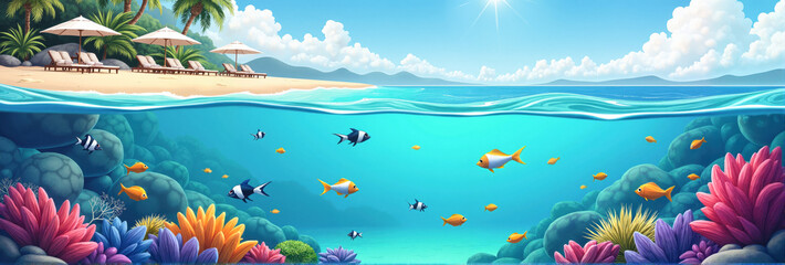 Vibrant underwater scene featuring colorful fish swimming among coral reefs, sunny beach backdrop. Ideal for snorkeling tours and ocean conservation campaigns.