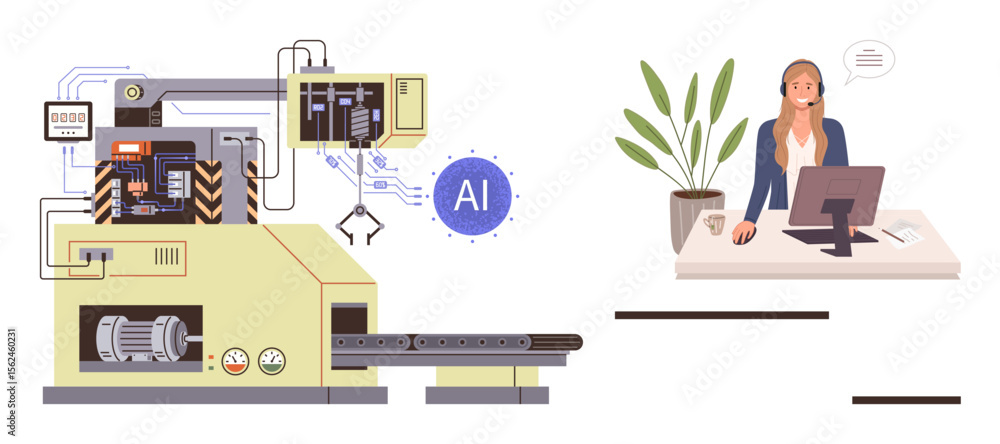 Poster advanced ai-driven machine connected to a robotic arm, producing efficiently. businesswoman at desk 