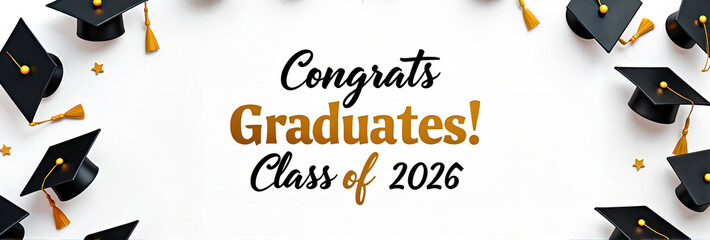 Modern graduation banner with black mortarboard caps and golden tassels on a clean white background, celebrating academic achievement and unity.