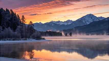 A serene lake reflects a colorful sunset with mountains and trees in the background at dawn or dusk - ai generated
