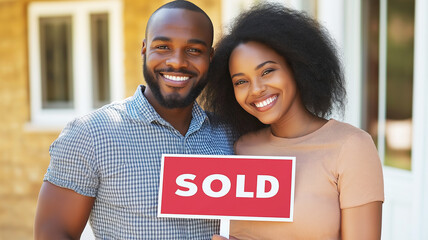 Jubilant homeowners displaying sold sign, beaming with pride near residential property, celebrating successful property purchase