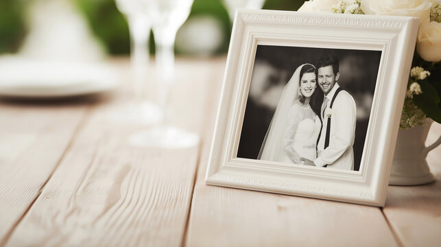 Antique white picture frame holding nostalgic black and white wedding photograph resting on weathered wooden surface