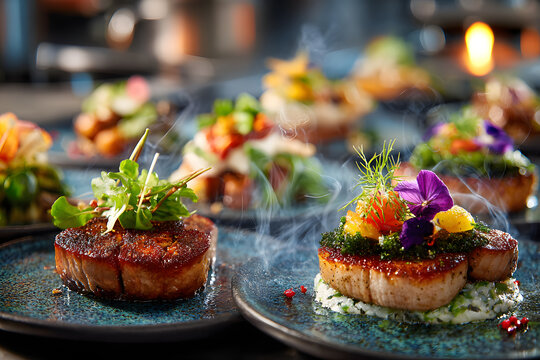 Spanish food selection a tapas competition setting chef presenting plated bites with garnishes modern kitchen background