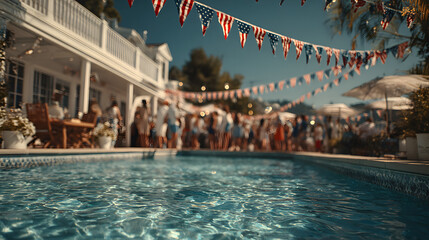 Independence day celebration. American flag bunting outdoor pool summer day patriotic holiday family, family gathering holiday, 4th july