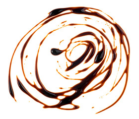 Melted chocolate sauce isolated on a white background, top view. Liquid chocolate.