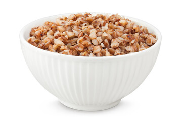 Boiled buckwheat in a ceramic bowl isolated on white background