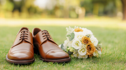 Wedding shoes and bouquet resting on verdant grass, symbolizing romantic union and marital celebration