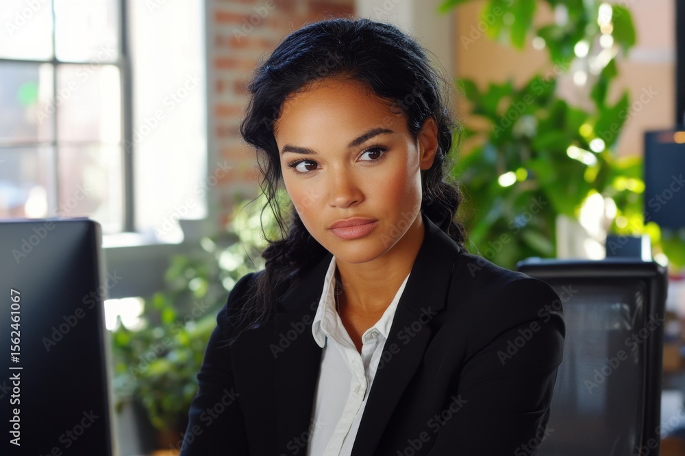 Poster digital data processing and analysis by biracial businesswoman in a modern office setting during day