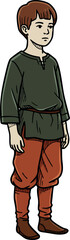Boy in vintage green shirt and orange pants standing full body vector illustration 