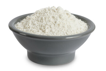 White flour in ceramic bowl isolated on white background