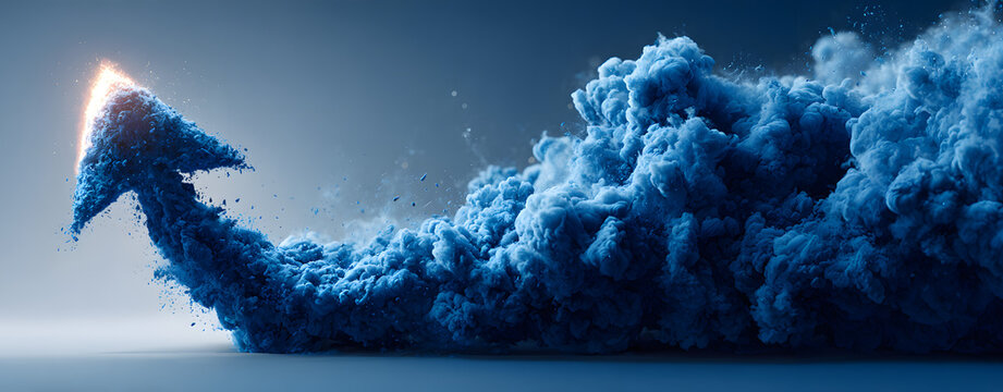 Blue upward arrow launching like a rocket with smoke on clean gradient background for business growth or success concept with copyspace on side.