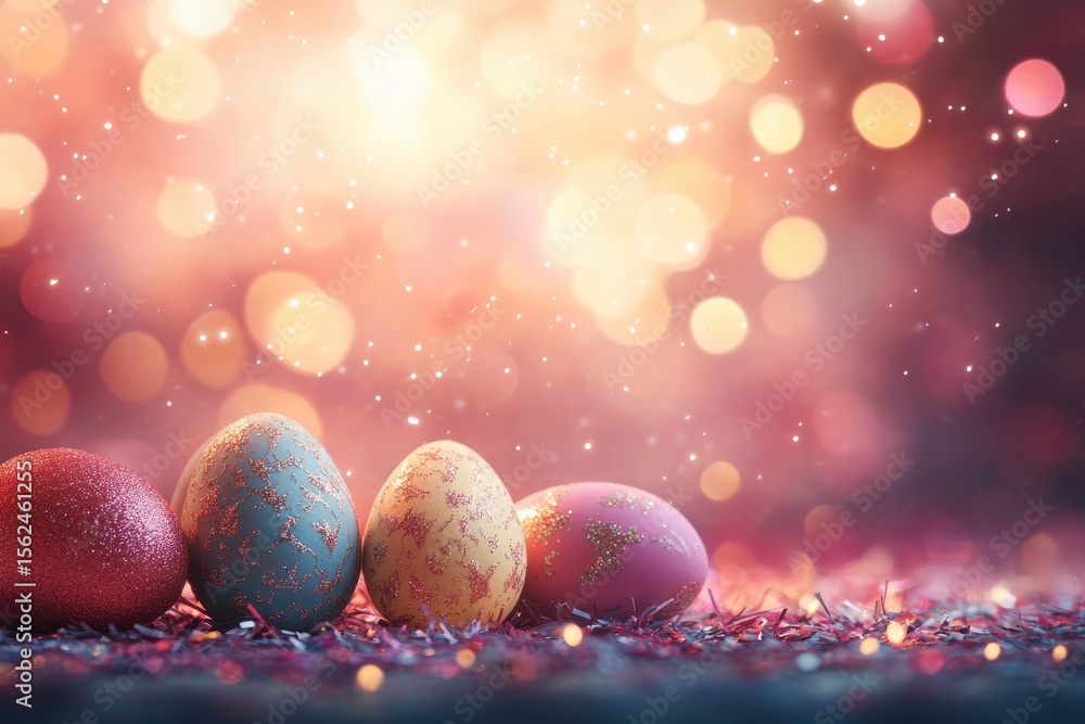 Poster vibrant easter background with colorful eggs and festive particle overlays for spring celebration, f