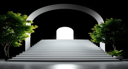 Fototapeta premium White staircase archway with lush green trees and bright doorway potted plant
