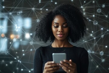 Building connections in the digital age through mobile technology and networking, network of connections with icons over african american female doctor