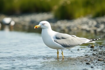 Obraz premium Seagulls hunt for food in shallow waters along the beach at sunset, seagulls catch something in shallow water