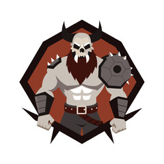 Viking berserker with skull belt and shield smash pose Vector illustration