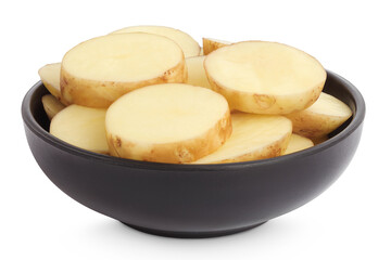 young potato slices in ceramic bowl isolated on white background. Harvest new