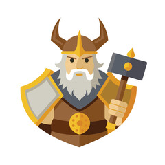 Viking king with gold horn helmet and hammer raised Vector illustration