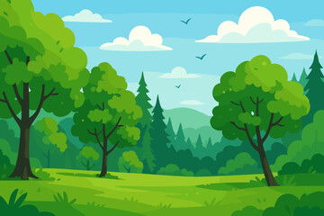 Cartoon forest landscape background. Green summer meadow with trees and grass. Vector nature scene with hills, blue sky, clouds, and birds. Idyllic park or countryside view.