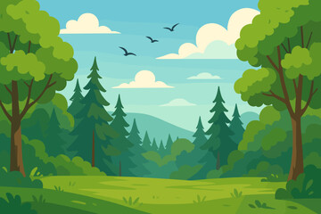 Fototapeta premium Summer forest landscape illustration. Green grass meadow, pine trees on hills, and flying birds in the blue sky. Natural park or woodland scenery. Cartoon vector background for outdoor theme.