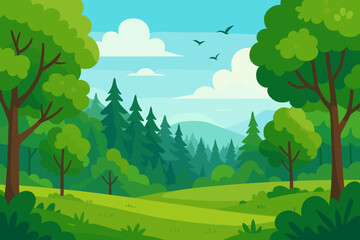 Fototapeta premium Summer forest landscape vector illustration. Green meadow with deciduous and pine trees, hills in background. Nature scenery with blue sky, clouds, and birds. Cartoon flat style design.