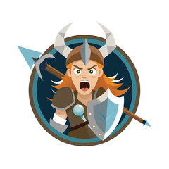 Viking shield maiden with axe and roaring expression Vector illustration