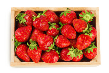 Strawberry in a wooden box isolated on white background, Top view. Flat lay.