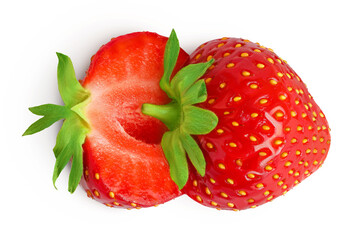 Strawberry isolated on white background. Fresh berry with depth of field. Top view. Flat lay.
