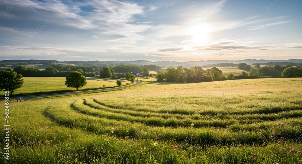 Poster scenic landscape with sunlit fields and rolling hills a winding path and a vibrant sky creating a se