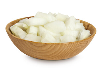 Onion slices in a wooden bowl isolated on a white background