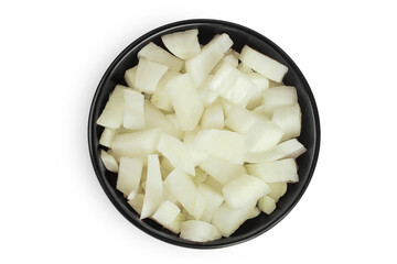 Onion slices in a ceramic bowl isolated on a white background. Top view. Flat lay.