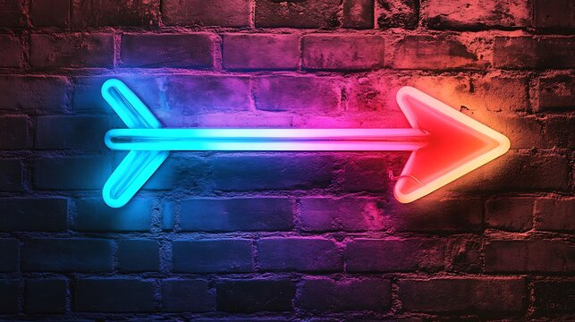 Neon arrow sign on brick wall in blue and red futuristic glowing illustration technology style indicating direction
