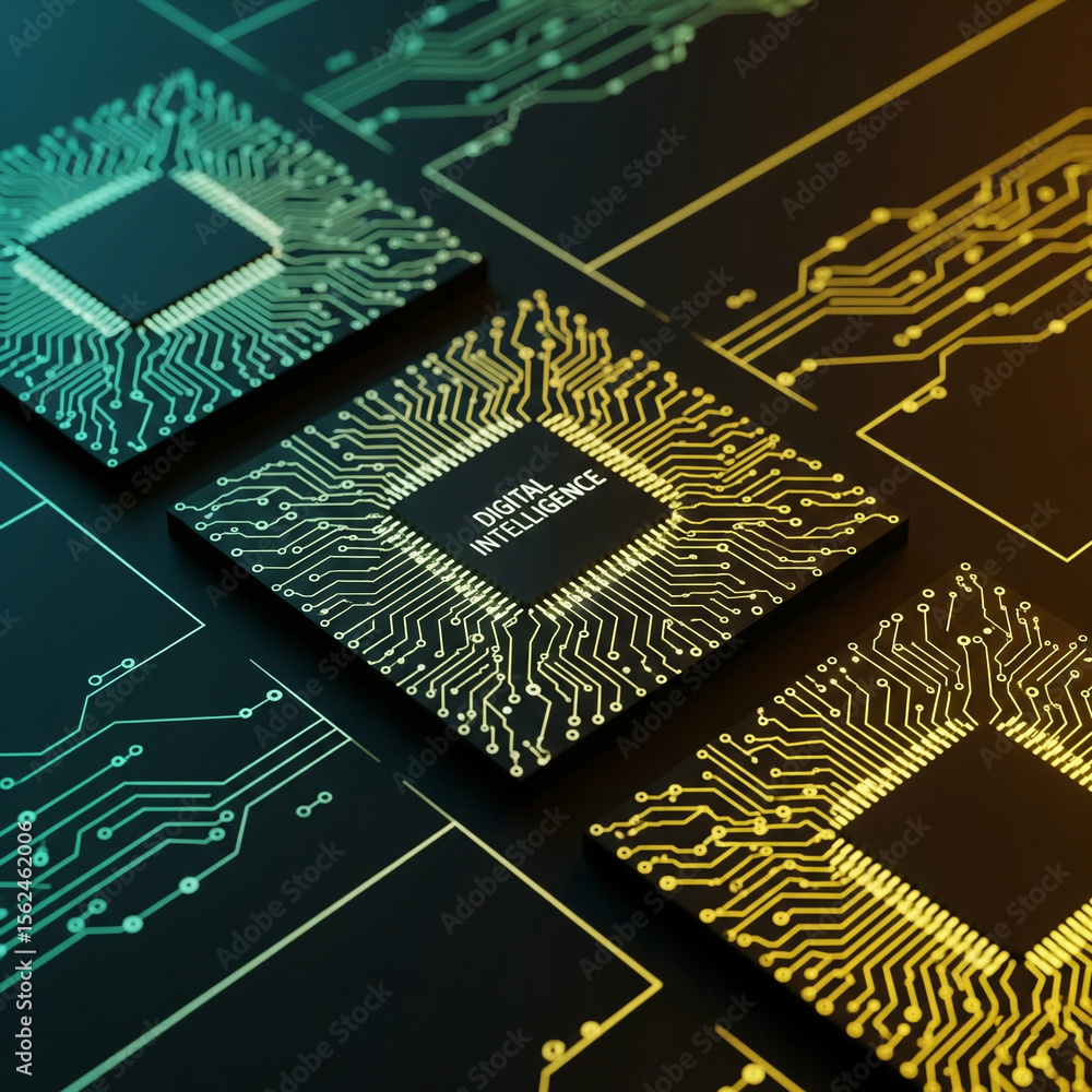 Fototapete three dark computer chips with glowing teal and yellow circuits connected by bright lines on black b