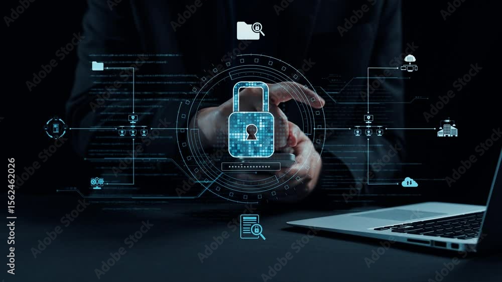 Poster a professional individual interacts with a smartphone while a digital updating interface is displaye