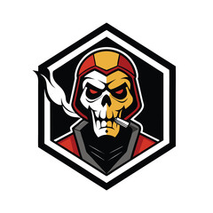 Angry biker with skull helmet and smoking cigar in fiery action Vector illustration