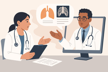Fototapeta premium Telemedicine concept with doctors collaborating online. Medical professionals discussing patient diagnosis with lungs and x-ray. Vector illustration of virtual healthcare consultation and teamwork.