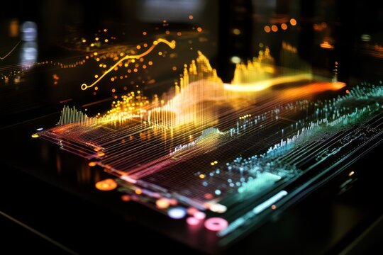 Digital data processing visualized on a black background showcasing intricate patterns and vibrant colors, digital data processing over scope on black background - Powered by Adobe