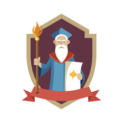 Ancient scroll guardian with magic scroll and star aura rising Vector illustration
