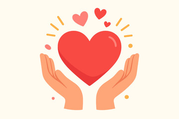 Hands cupping a large red heart with radiating lines and smaller floating hearts. Symbol of love, care, kindness, charity, compassion, and human connection. Valentine's Day.