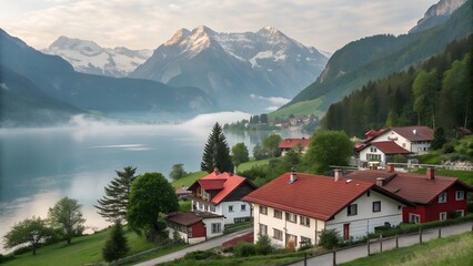 Fototapeta premium Alpine Village In The Alps With Lake, Ai Generated