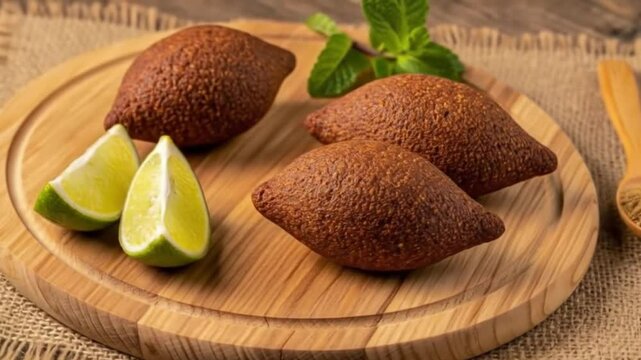 Three fried kibbehs are arranged on a light brown wooden cutting board with lemon slices.